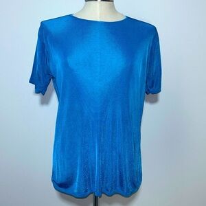 Linda Allard Ellen Tracy Crew Neck Silky Short Sleeve Blue Blouse Size L